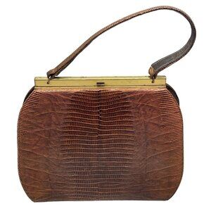 roos atkins Vintage Brown Faux Crocodile Leather Handbag Gold-Tone Metal READ